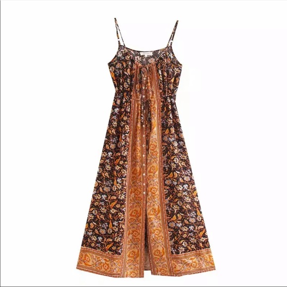 Gypsy Boho Floral Button Up Midi Dress Black Orang - Picture 6 of 9